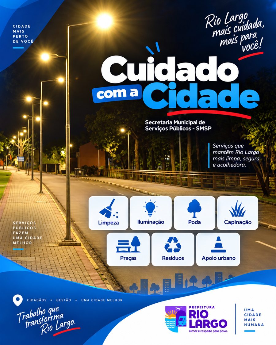 Serviços de limpeza, iluminação, poda, capinação, praças, resíduos e apoio urbano da Secretaria Municipal de Serviços Públicos.